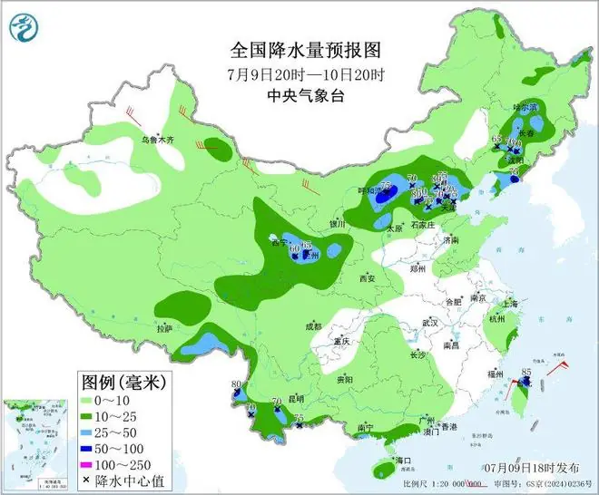 图4 全国降水量预报图(7月9日20时-10日20时)